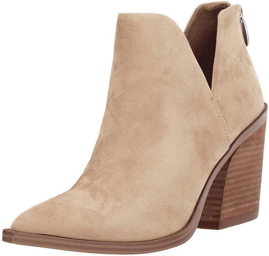 Womens Slip on Ankle Boots V Cutout Pointed Toe Chunky Stacked Mid Heel Booties
