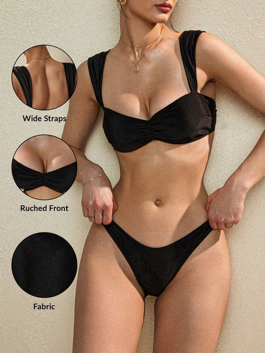 Women's Solid Black Bikini Swimwear Set for Summer Beach Vacations